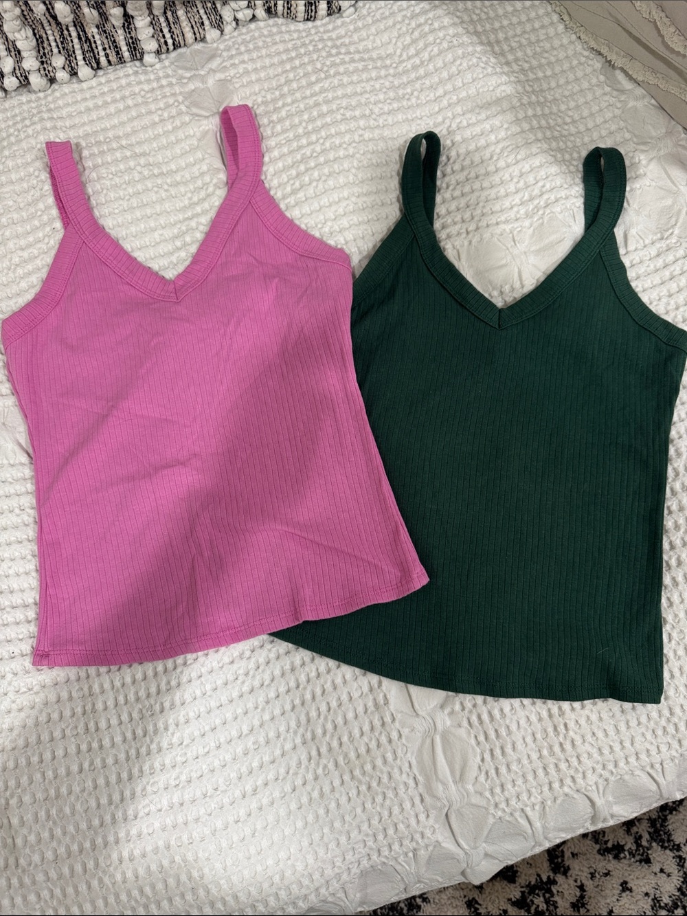 Full Tilt Ribbed V-Neck Tank Tops in Pink and Dark Green- 1 for $5 or 2 for $8